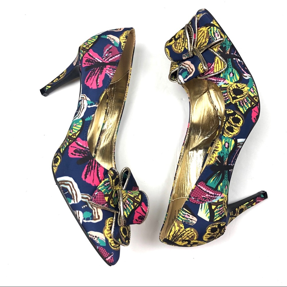 Floral Bow Pointed Toe Heels in Navy Multi - Picture 5 of 7
